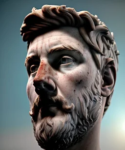 Ultra Realistic image, roman sculpture, marble deluxe material, Lionel Messi, circle crown, miguel angel style, chisel style, emperador, waist up portrait, cinematic lighting, God light, god rays, 4k resolution, smooth details, ornate details, soft lighting, unreal engine 5, sky background.