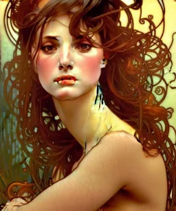 Realistic detailed face portrait of a INSANE beautiful young woman top model in short open dress. by alphonse mucha, WLOP, greg hildebrandt, and mark brooks. Sensual female, volumetric lighting, Unreal Engine 5,3D Animation Quality, Octane Rendering. A masterpiece