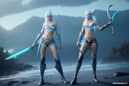 [Sea Elf] [Maormer] Hero Queen with [white hair] and [blue skin] wielding [1 blue glass sword] on a [ship] with crew [fantasy] [realism] [Elder scrolls]