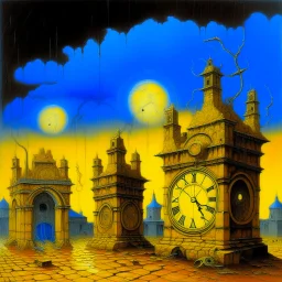 A yellow glowing ruins with clocks in a thunderstorm painted by the Limbourg brothers
