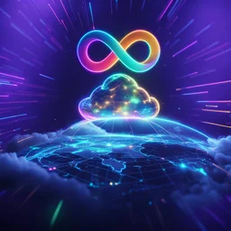 Colourful 3D glowing infinity symbol ∞, hovering above a colourful glowing cloud, network and lights coming from the cloud onto a futuristic map of the globe, inspiring, neon, glowing, friendly, beautiful, octane render, 8k post-production, artstation: award-winning: atmospheric: commanding: fantastical: clarity: 16k: ultra quality: striking: brilliance: liquid medium: stunning colors: amazing depth; lens: f/8, 28mm