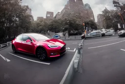 A Tesla 'Model 3' is drifting at top speed, near the 'Statue of Liberty' in New York. CINEMATIC. WIDE ANGLE LENS. PHOTO REAL.