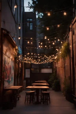 A trendy urban alleyway at dusk, with graffiti art, vintage storefronts, cozy cafes with outdoor seating, and string lights creating a magical and inviting ambiance.