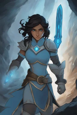 Korra the Avatar as a female Moonelf twilight cleric with black, very curly, very short hair and blue eyes, wearing gray armour. Etheral, muscular. Standing in a dark cave.