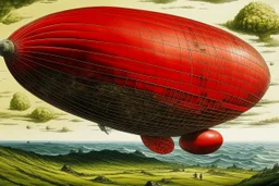 A red fiery pepper shaped zeppelin painted by Katsushika Hokusai