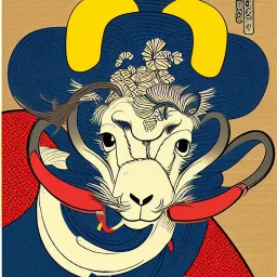 Ukiyo-e style illustration of blue and yellow Bighorn Ram holding a football