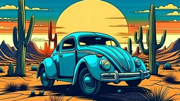 Create an image of a blue Beetle car driving through the desert with cacti in sunset comic style