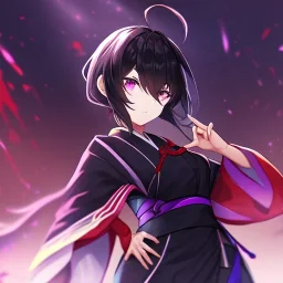 Clear focus, High resolution, Black hair, low small ponytail, purple dead eyes, japanese outfit, serious expression, one arm on hip, other hand free, purple red white and black outfit, skirt, slit in skirt, ahoge, purple glowing katana on her waist (solo), hair between eyes