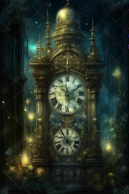 MAGIC antique carved clock close-up on a stone tower covered with ivy and roses against the background of a night-time fairy-tale city, magic, magical lighting effect, illustration to a fairy tale, multilayer watercolor, fireflies, fine drawing of details with pencils, realistic, digital art, colors grey, emerald, umbra, beige, gold