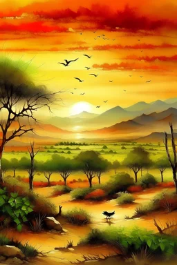 Imagina un paisaje bello inspirado en la flora y fauna de la provincia de santa fe, argentina, en una calida y humeda tarde de verano. las aves regresando a sus nidos y la puesta del sol en su punto maximo.