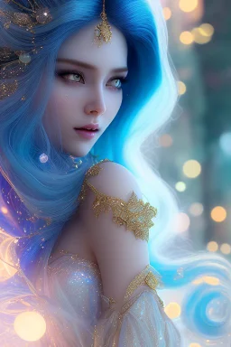 woman glitter blue fairy in a galactic ambiance, long blue hair, detailed gorgeous smile, delicate colors in the foreground, full of details, smooth, light effect，vaporwave colorful, smooth, extremely sharp detail, finely tuned detail, ultra high definition, 8 k, unreal engine 5, ultra sharpBeautyful smiling young woman, long hair amazing blue eyes, flowers, happy cosmic, bright colors, blue, pink, gold, jewels, realistic, photo real, clear sunny background, highly detailed, high contrast, 8k 