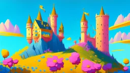 Castle on a hill, Pink walls, orange towers, yellow flowers on the ground, dark blue roof and aqua blue sky, very detailed