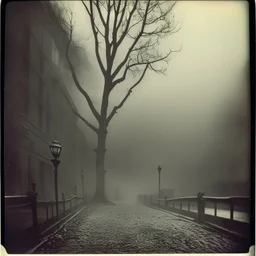 Dark street creepy fog colours strong texture artistic polaroid volumetric light tree nightmare Yves Tanguy