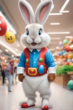 anthropomorphic, hyper-realistic cute and very funny Easter bunny animal wearing Super Mario Bros costume, busy mall