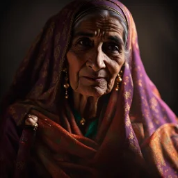 Hyper Realistic Old Pakistani Female Folk Singer With Dark Studio Background & Dark Lighting