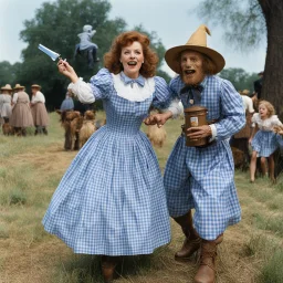[high res photo by Jill Freedman] Dorothy Gale in her blue Gingham dress attacks the Scarecrow with a zippo lighter, a flying saucer in the background