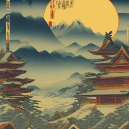 Ukiyo-e, mountains, sun