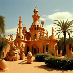 A light rosy orange colored desert with a mechanical palace designed in Hawaiian tiki statues painted by Salvador Dali