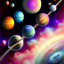 galaxy, nirvana, fantasy world,gas planets,with clouds,a couple of planets that are in the sky, abstract 3 d artwork, ufotable art style, dreamy and detailed,the planets are formed from clouds,the sky has stars, the planets are colored with red black purple violet,like a aurora borealis,no sun in picture