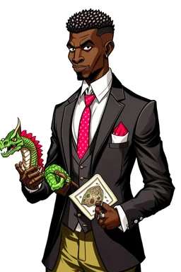 Dashing black man in a suit, holding a deck of cards. There's a young fey dragon with him.