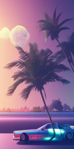 1980's aesthetic vaporwave palm trees with spheres and car