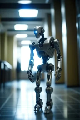 aging cyborg robot looking old, walking down hospital corridor using a walker, zeiss prime lens, bokeh like f/0.8, tilt-shift lens 8k, high detail, smooth render, down-light, unreal engine, prize winning