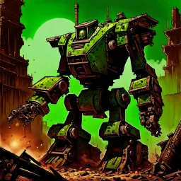 90's fantasy tcg art of a giant junk mech made of multiple parts in the ruins of a post apocalyptic green sludge junkyard