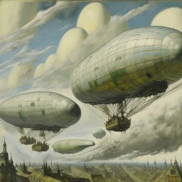 A white sky filled with flying airships painted by Vincent van Gogh