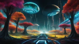 hyper realistic, tron legacy movie, aliens creatures, space ships of the future, city of the future, green nad dark red trees , forest, yellow, blue, purple, orange, space, planets, god creations