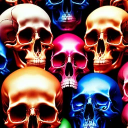 a picture of a dark, comedic, anatomically correct wall of colorful tightly packed skulls of varying sizes and expressions, photo realistic, insanely meticulous, highly detailed, part of a collection of bones on display, 64k, dystopian, vray