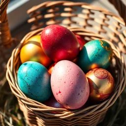 digital photograph of off-center modern basket colorful Easter eggs. eggs display intricate textures in azure, emerald, blush,red, crimson,gold, sapphire,metallic cinematic HDR backlighting highlights subtle dimples and glossy reflections, with shallow depth of field softening the sunlit background. hyperrealistic 8k resolution,
