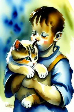 A cute cat is holding a kitten. Watercolour