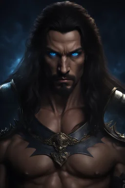 Portrait of an Olive skinned muscular evil male with long dark hair, blue eyes and a goatee beard, scowling, photorealistic, 4k, dark fantasy