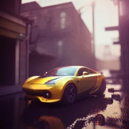 3d rendering. futuristic steampunk yellow car. Tokio background. Lost in Time