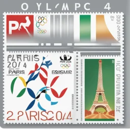 Commemorative stamp of the Olympic Games with the text: "Paris 2024". On pure white background. ultra 8k quality