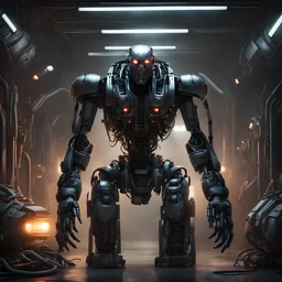 a portrait of an evil combat robot. photorealistic. lots of greebling; little hoses, lights, and weapon systems. terminator, meets predator, meets alien, meets the matrix. the lighting should be dark. like it's approaching you from a dimly lit spaceship corridor