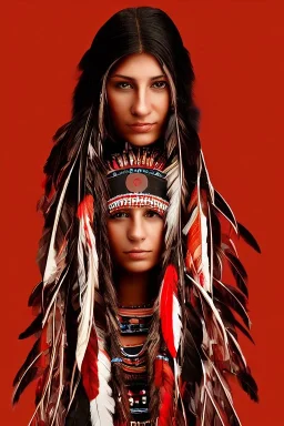 A beautiful portrait of a young Native American woman, red color scheme, high key lighting, volumetric light high details with white stripes and feathers