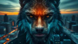 double exposure, portrait Man Wolf blending, city, sunset, snow, rain, fantasy, mystical, tattoo, vertical pupils, high detail, high resolution, 8K