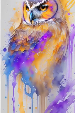 2:3 Full size, watercolor on transparent background paper, chromatic, zoom, sharp, splash of colors on a white background, a detailed golden purple sunset fire style, detailed owl & eagle, Miami Beach with light blue water, graffiti elements, powerful zen composition, dripping technique, & the artist has used bright, clean elegant, with blunt brown, 4k, detailed –n 9, ink flourishes, liquid fire, clean white background, zoom in, close-up,