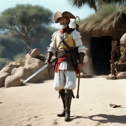 [high res photo by Gilligans Island] Don Quixote smiles, ready to fight, in dust, rust and blood, his body is covered with cartridge belts
