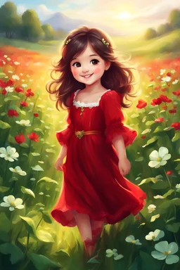 Adorable digital painting of a cute little girl in a gorgeous red dress smiling in a field surrounded by clover, cute chibi face, glowing eyes, long dark hair, high quality