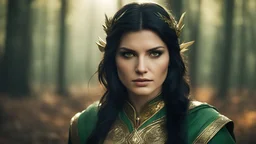 photoreal close-up of a thirty-year-old gorgeous Guardian high priestess of the Eladrin with leather skin with mystical eyes looking like gina carano wearing green and orange garments in an enchanted golden forest at dawn by lee jeffries, otherworldly creature, in the style of fantasy movies, photorealistic, shot on Hasselblad h6d-400c, zeiss prime lens, bokeh like f/0.8, tilt-shift lens 8k, high detail, smooth render, unreal engine 5, cinema 4d, HDR, dust effect, vivid colors