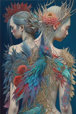 Girl with thorns on her back; girl wearing in intricate gown mixed media such as feathers, thorns, flowers, colorful thread, and gemstones; neo-surreal; quilling, masterpiece, Intricate, provocative