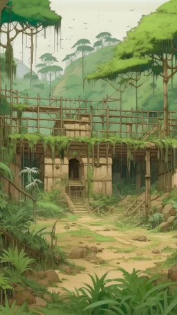 A tan prison in a dry prehistoric jungle painted by Hashimoto Gaho