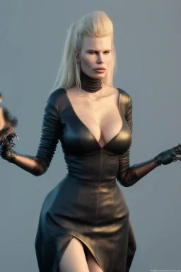 Kim Basinger in black leather gown, evil,energetic, villain, busty, cleavage, curvy, angry, happy, stern look. character design by cory loftis, fenghua zhong, ryohei hase, ismail inceoglu and ruan jia. unreal engine 5, artistic lighting, highly detailed, photorealistic, fantasy