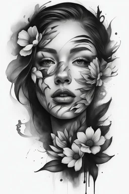 A realistic drawing in negative space black ink on white background of a beautiful flowers with abstract brushstrokes face tattoos to enhance her face max enrist