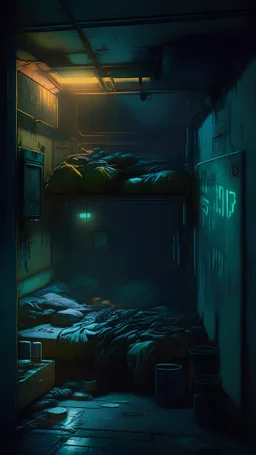 dimly lit cramped grimy cyberpunk sleeping quarters
