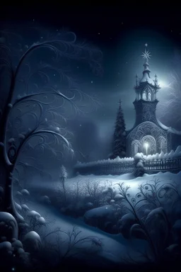 fairy tale, magical winter night, snow, filigree, beautiful, aesthetically pleasing