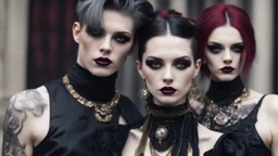 goth fashion, women and men in nice goth clothes and jewelry, black, silver, gold, burgundy fashion colors, High detailed, sharp focus, looking at the camera, cinematic, masterpiece, high realistic, fashion photo