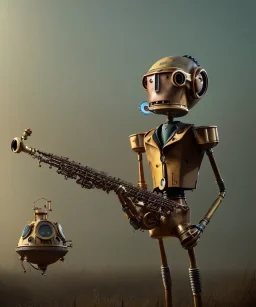 happy mechanoid person playing jazz with a steampunk theme, realistic